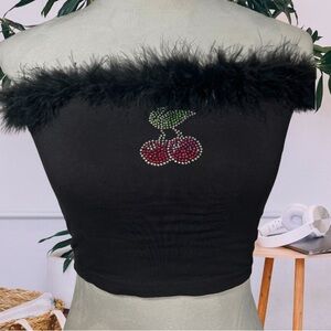Fuzzy Cherry Rhinestone Embellished Tube Top